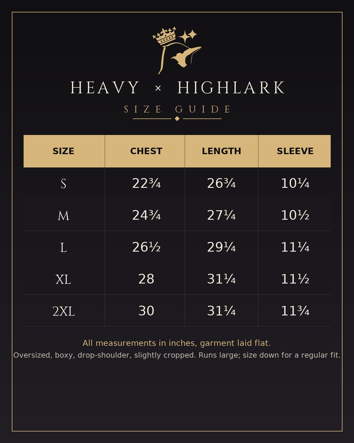 HEAVY x Highlark Knicks Finals tee size guide. Chest, length and sleeve measurements in inches.