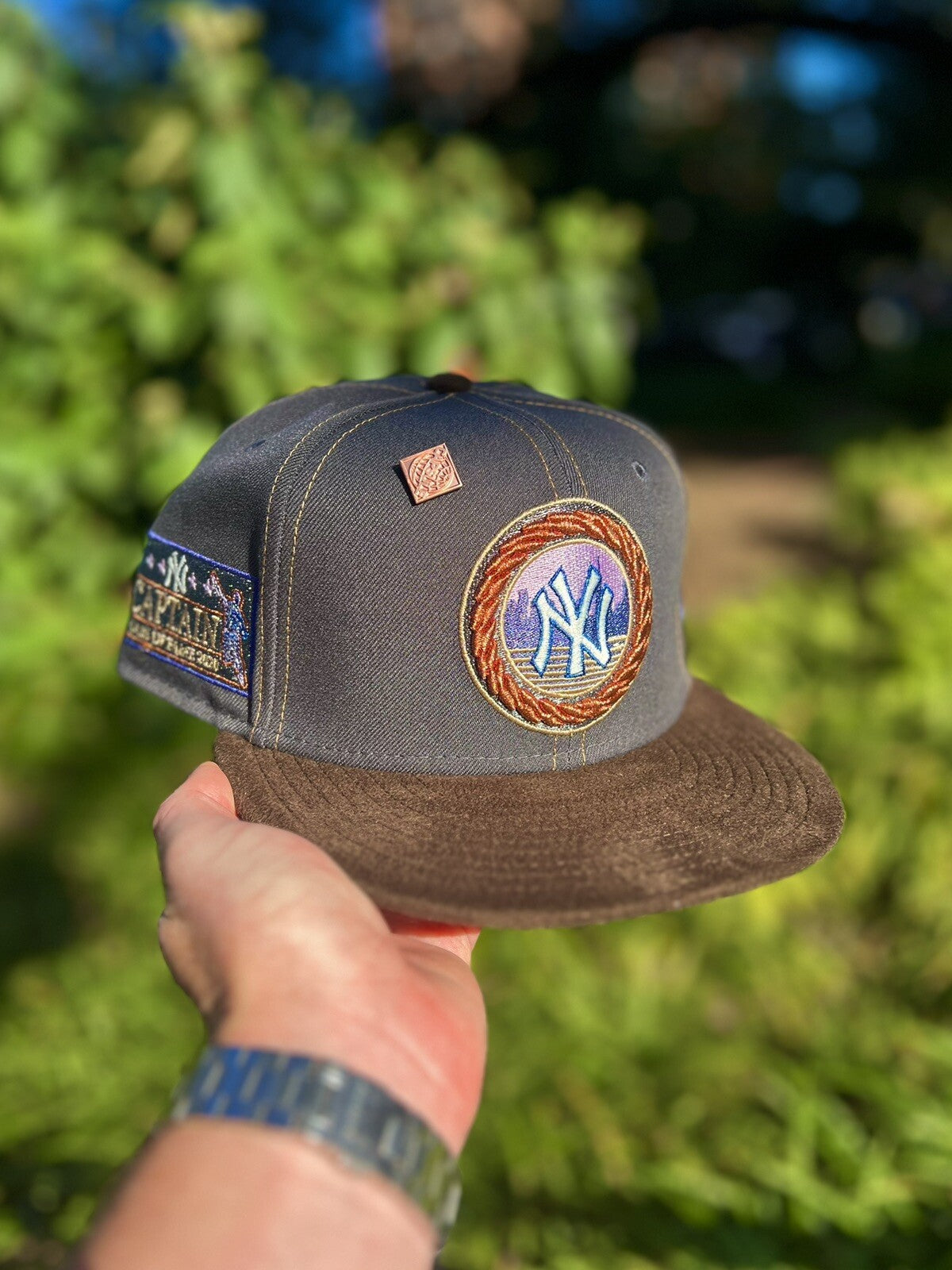 Capsule Hats x Rare Fittedz New York Yankees The Captain New Era 59FIFTY, grey crown brown suede visor, front