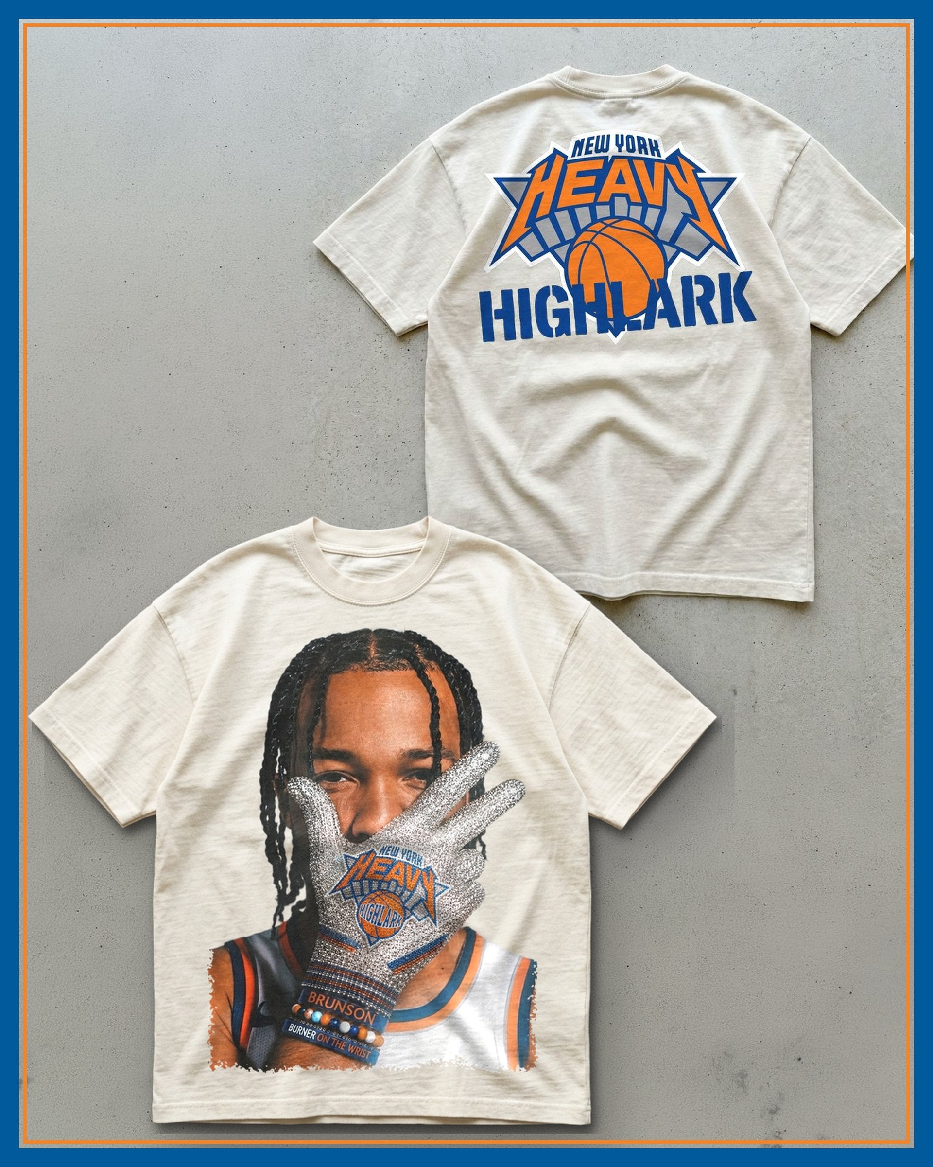 HEAVY x Highlark Knicks Finals tee, front and back, cream garment-dye.
