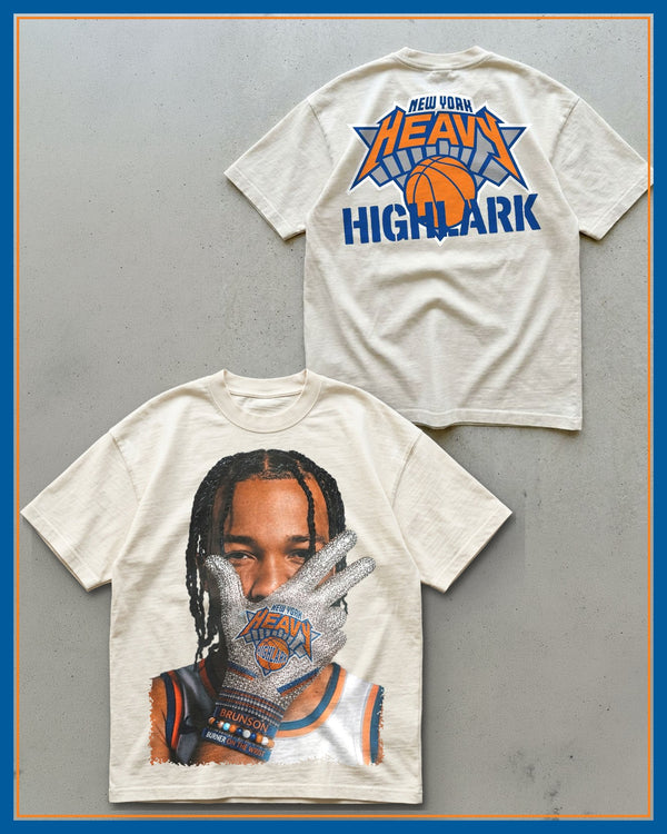 HEAVY x Highlark Knicks Finals tee, front and back, cream garment-dye.