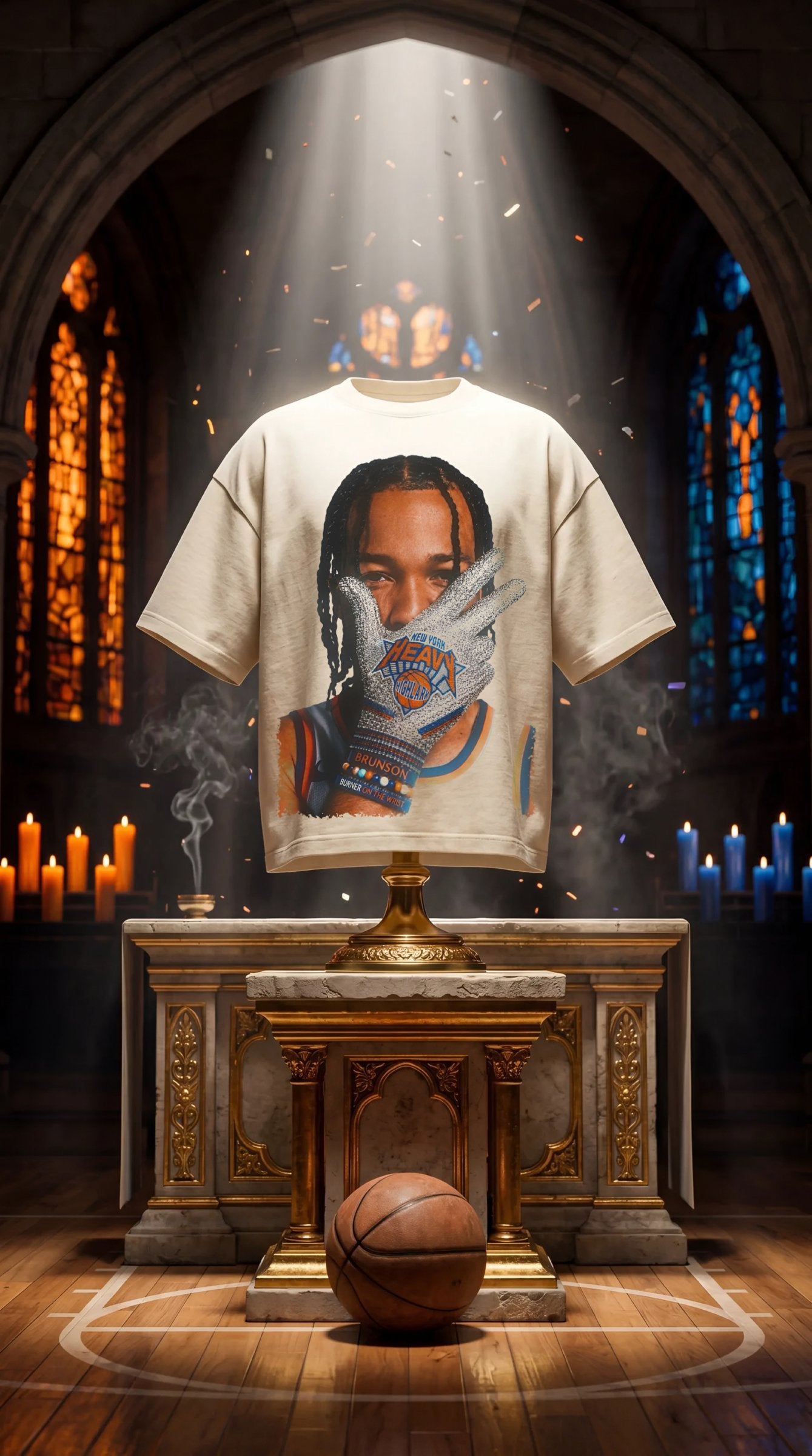 HEAVY x Highlark Knicks Finals tee enshrined on a gilded altar in a basketball cathedral.