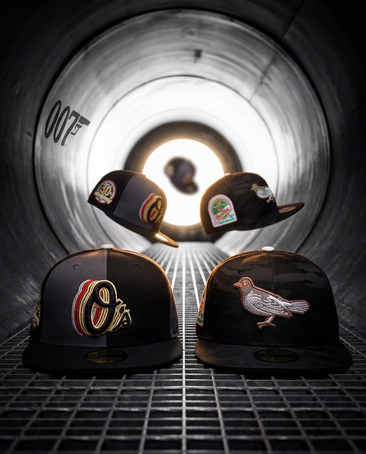 Four Highlark Originals fitted hats positioned in front of an industrial tunnel framed by the James Bond 007 gun barrel motif. Two hats sit on the metal grate floor in foreground, two hover behind. A figure is silhouetted at the far end of the tunnel against bright light. Cinematic editorial image used as the Highlark Inner Circle page hero.