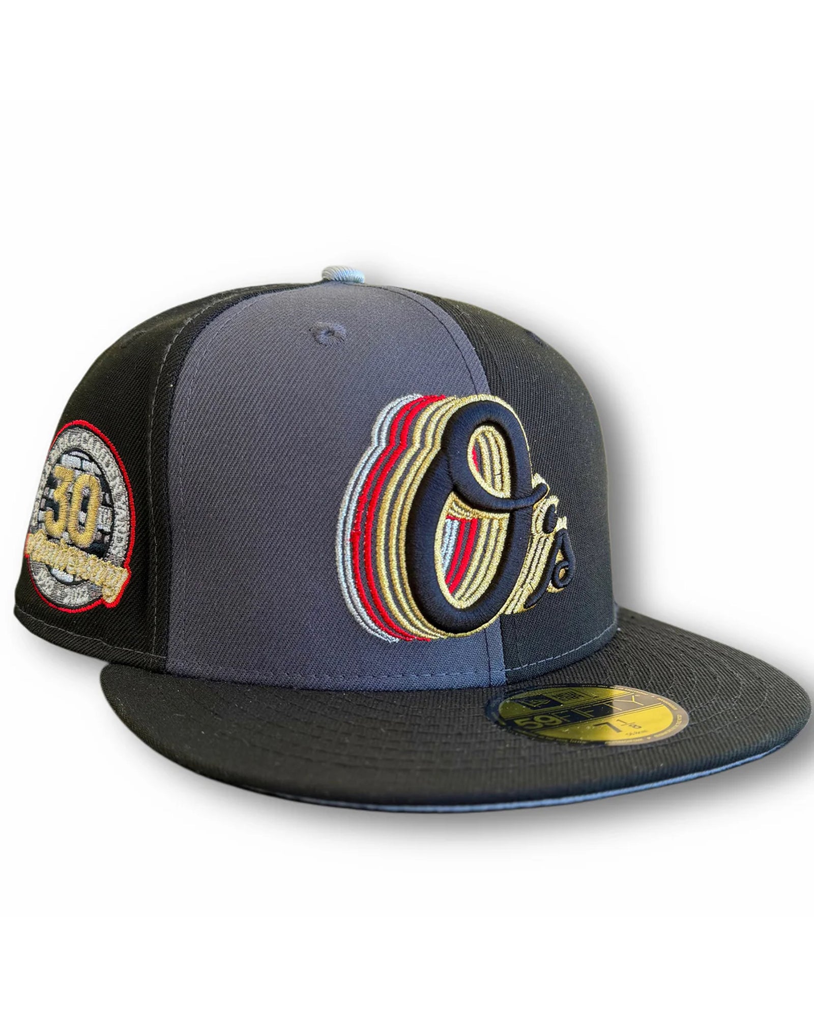 Highlark Baltimore Orioles 007 James Bond fitted hat with black and grey pinwheel crown and Cascading O's embroidery