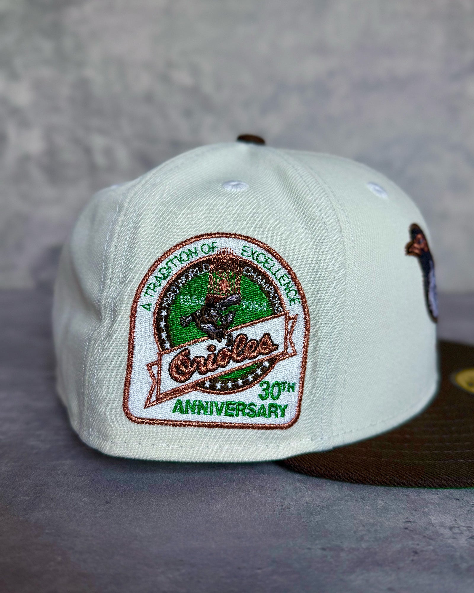 30th Anniversary A Tradition of Excellence sidepatch detail on Highlark Baltimore Orioles 1.0 fitted hat